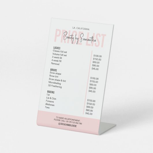 Trendy Logo Blush Pink Beauty Salon Pricing Menu Reclamebord Met Voetstuk (Voorkant)