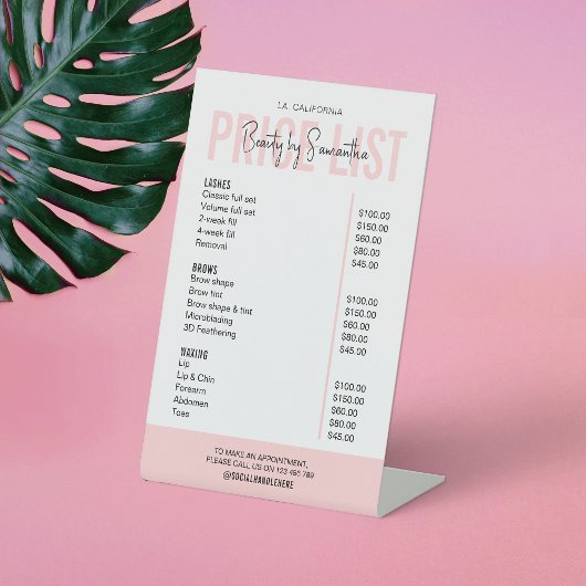 Trendy Logo Blush Pink Beauty Salon Pricing Menu Reclamebord Met Voetstuk