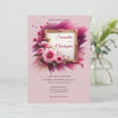 Trendy magenta bloemen en gouden lijsten bruiloft kaart (Staand voorkant)