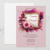 Trendy magenta bloemen en gouden lijsten bruiloft kaart (Voorkant / Achterkant)