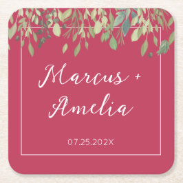 Trendy Magenta & Eucalyptus Wedding Kartonnen Onderzetters
