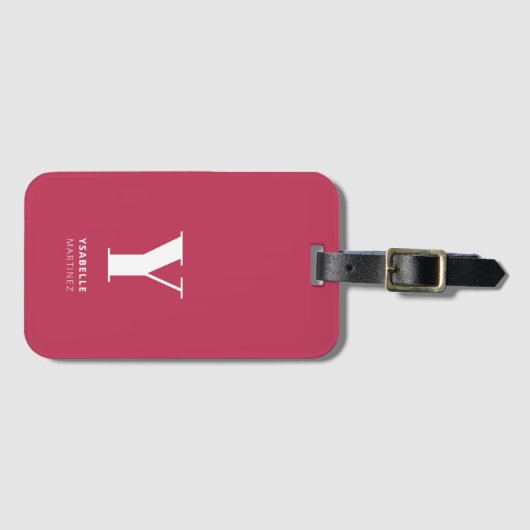 Trendy Magenta Simple Monogram Name Bagagelabel (Voorkant (horizontaal))