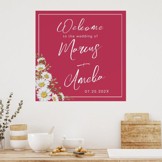 Trendy Magenta & White Daisies Wedding Poster (Keuken)