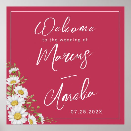 Trendy Magenta & White Daisies Wedding Poster (Voorkant)