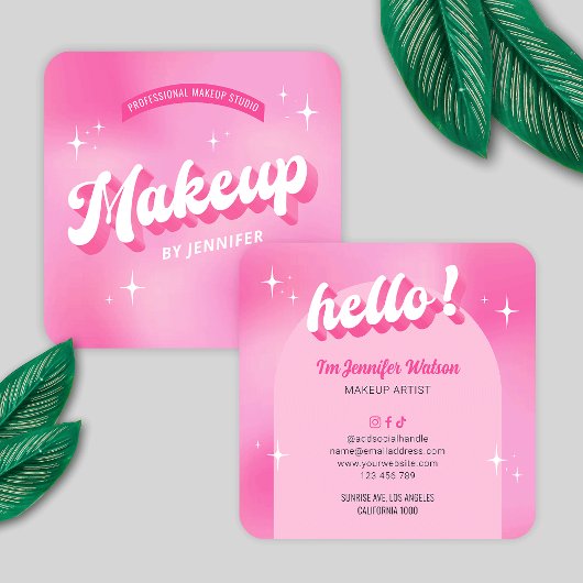 Trendy make-up artiest roze meisje groovy schoonhe vierkante visitekaartje