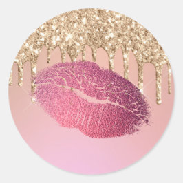 Trendy Makeup Artist Lip Kiss Roos Gold Glitter Ronde Sticker