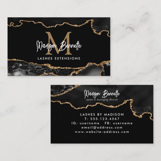 Trendy Marble Agate Black Gold Script Monogram Visitekaartje (Voorkant / Achterkant)