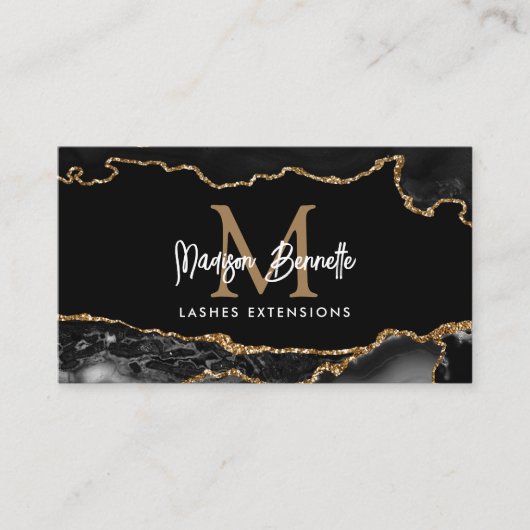 Trendy Marble Agate Black Gold Script Monogram Visitekaartje (Voorkant)