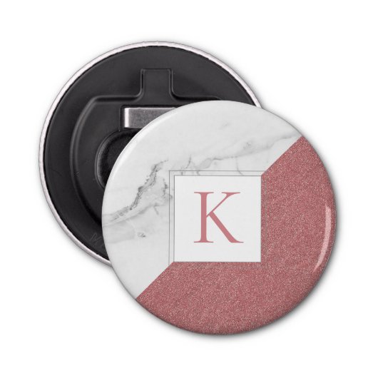 Trendy Marble Blush Pink Glitter Girly Monogram Button Flesopener (Voorkant)