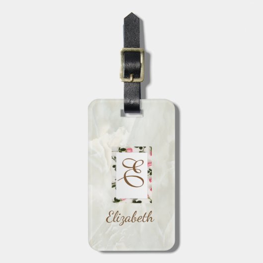 Trendy Marble, Floral Lijst Monogram-Gepersonalise Bagagelabel (Voorkant verticaal)