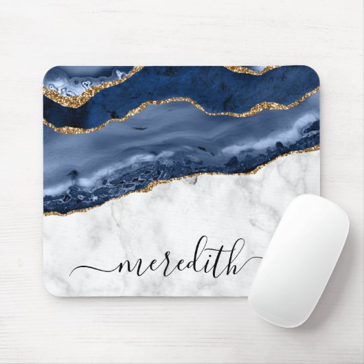 Trendy Marble Navy Blue Gold Agate Monogram Mouse Muismat (Met muis)