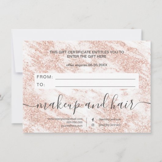 Trendy marble roos gold glitter gift certificate (Achterkant)