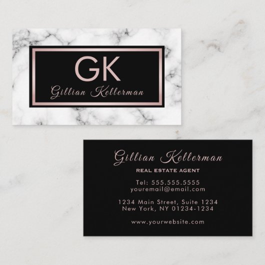 Trendy Marble Roos Gold Monogram Visitekaartje (Voorkant / Achterkant)