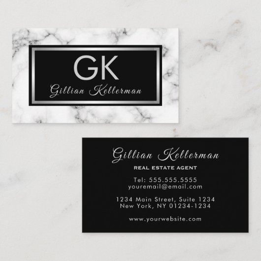 Trendy Marble Silver Monogram Visitekaartje (Voorkant / Achterkant)