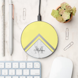 Trendy Marble Yellow Gray Chevron Name Monogram
