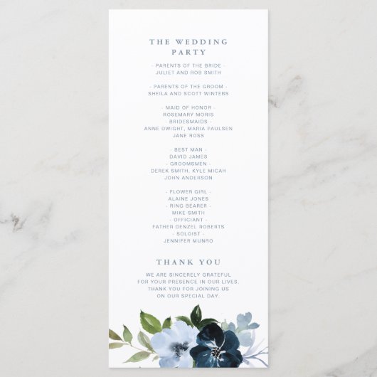 Trendy marine en lichtblauw bloemenbruiloft progra programmakaart (Achterkant)