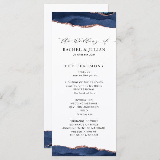 Trendy marine en roos Gold Agaat bruiloft programm Programmakaart (Voorkant / Achterkant)