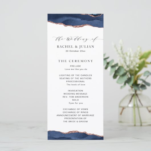 Trendy marine en roos Gold Agaat bruiloft programm Programmakaart (Staand voorkant)