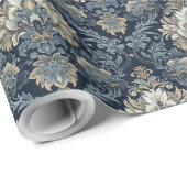 Trendy marineblauw en beige sierdamast cadeaupapier (Rol Hoek)