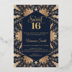 Trendy marineblauw en echt goud folie sweet sixtee uitnodiging