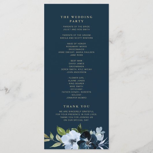 Trendy marineblauw en goud trouwprogramma programmakaart (Achterkant)