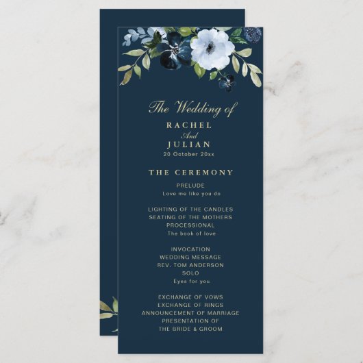 Trendy marineblauw en goud trouwprogramma programmakaart (Voorkant / Achterkant)