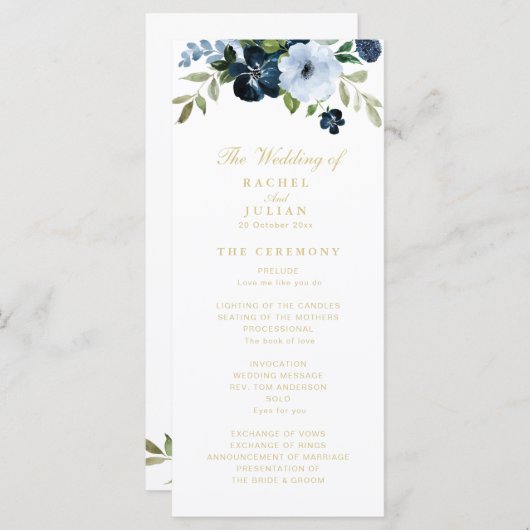 Trendy marineblauw en gouden bloemenbruiloft progr programmakaart (Voorkant / Achterkant)
