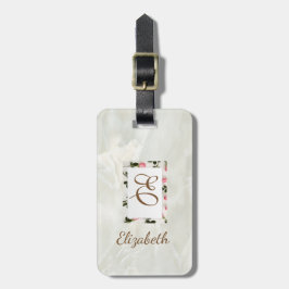 Trendy marmer, bloemenkader  Persoonlijk monogram Bagagelabel