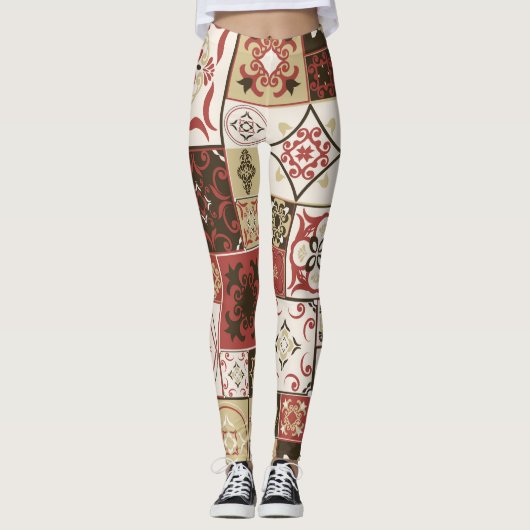 Trendy Marsala Marokkaanse Tegel Pattern Leggings (Voorkant)