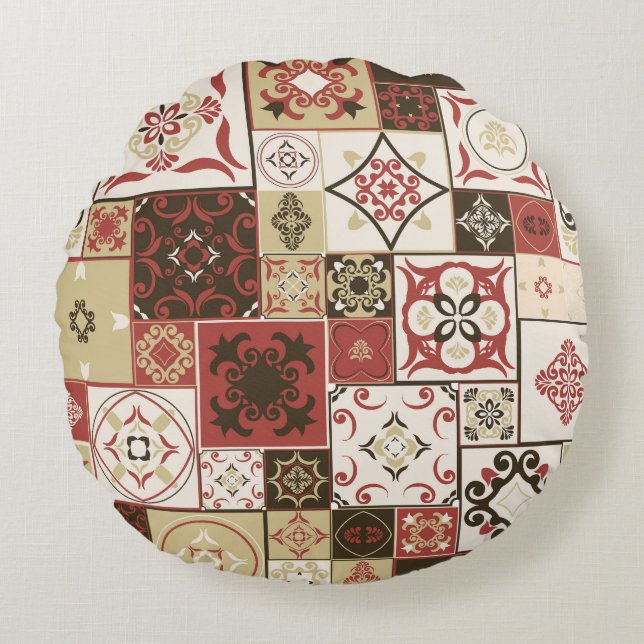 Trendy Marsala Marokkaanse Tegel Pattern Rond Kussen (Voorkant)