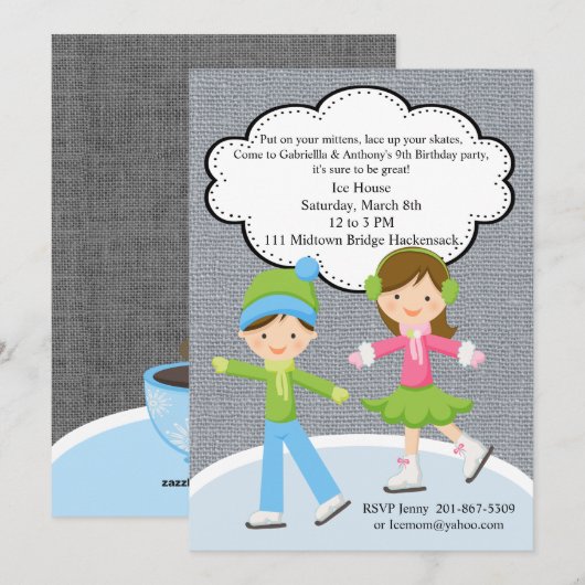 Trendy Meisje & Jongen Schaatsen Verjaardag Uitnod Kaart (Voorkant / Achterkant)