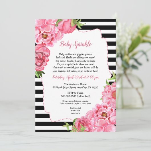 Trendy Meisje Roze Bloemen Baby Sprinkle Uitnodigi Kaart (Staand voorkant)