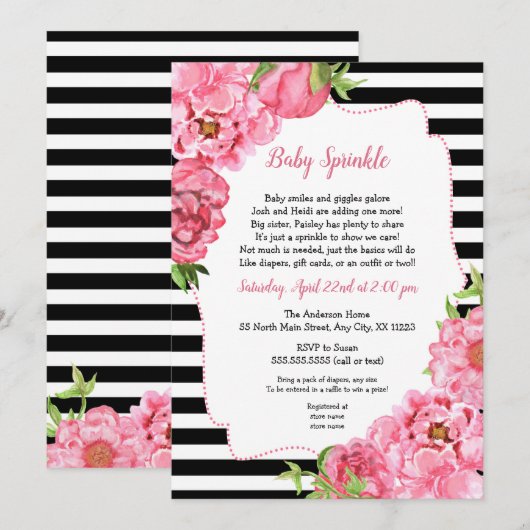 Trendy Meisje Roze Bloemen Baby Sprinkle Uitnodigi Kaart (Voorkant / Achterkant)