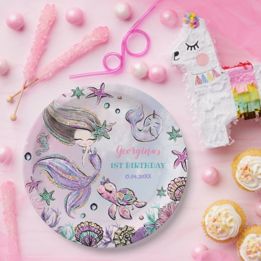 Trendy Mermaid, Zee Turtle & Narwhal Birthday Papieren Bordje (Feest)