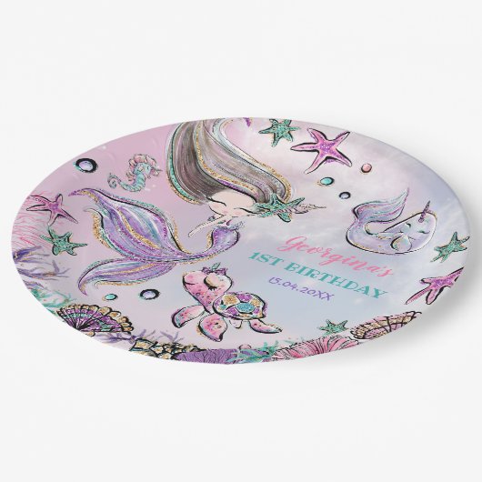 Trendy Mermaid, Zee Turtle & Narwhal Birthday Papieren Bordje (Gekanteld)