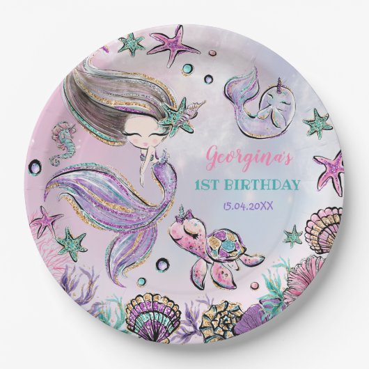 Trendy Mermaid, Zee Turtle & Narwhal Birthday Papieren Bordje (Voorkant)