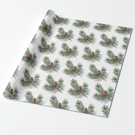 Trendy Merry Christmas Pine Cones and Branches Cadeaupapier (Uitgerold)