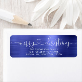 Trendy Merry kerst Heart script Metallic Blue Etiket