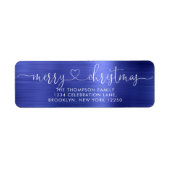 Trendy Merry kerst Heart script Metallic Blue Etiket (Voorkant)