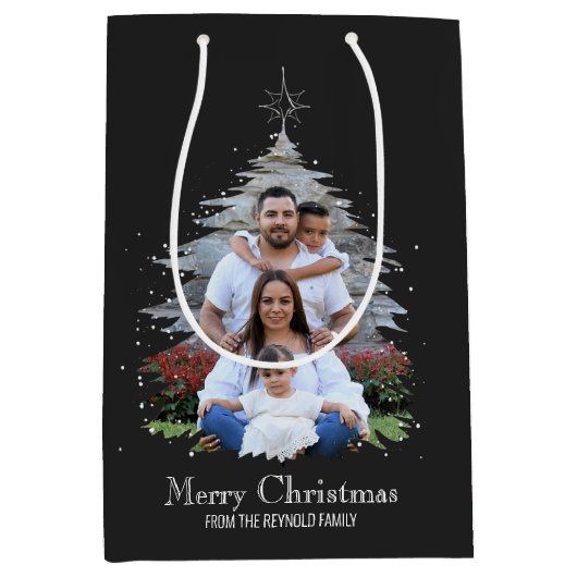 Trendy Merry kerstboom Silhouette Foto grijs Medium Cadeauzakje (Voorkant)