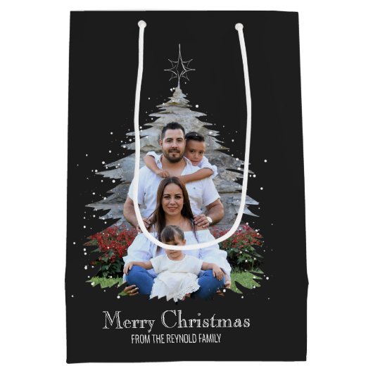 Trendy Merry kerstboom Silhouette Foto grijs Medium Cadeauzakje (Achterkant)
