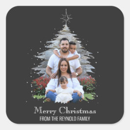 Trendy Merry kerstboom Silhouette Foto grijs Vierkante Sticker