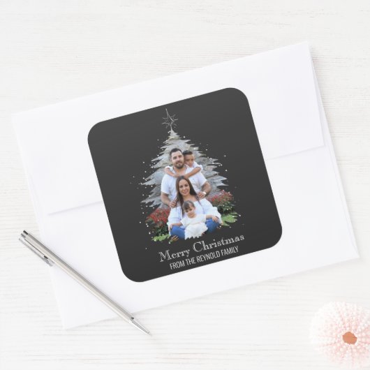 Trendy Merry kerstboom Silhouette Foto grijs Vierkante Sticker (Envelop)