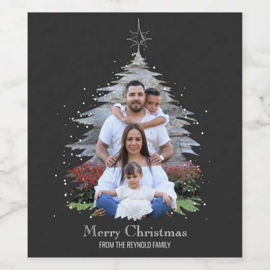 Trendy Merry kerstboom Silhouette Foto grijs Wijn Etiket (Enkel label)