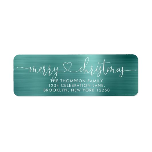 Trendy Merry Kerstkerhartscript Metallic Blauwgroe Etiket (Voorkant)