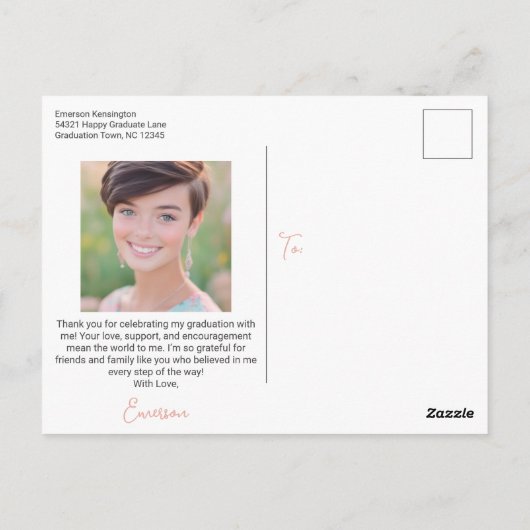 Trendy met de hand geschreven afstudeer bedankje briefkaart (Achterkant)