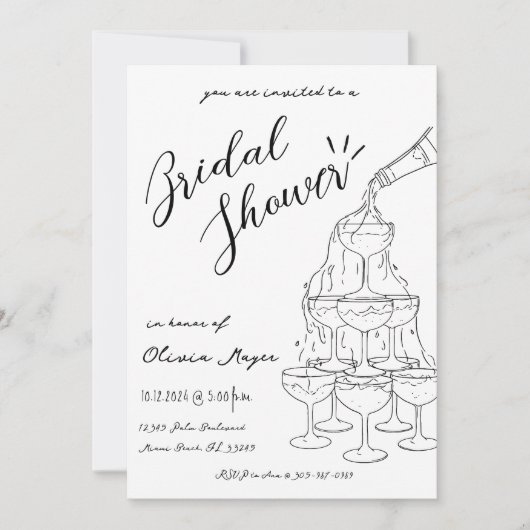 Trendy met de hand getekende champagnetoren bruids kaart (Voorkant)