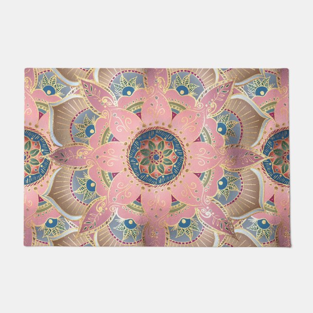 Trendy Metallic Gold en roze Mandala Design Deurmat (Voorkant)