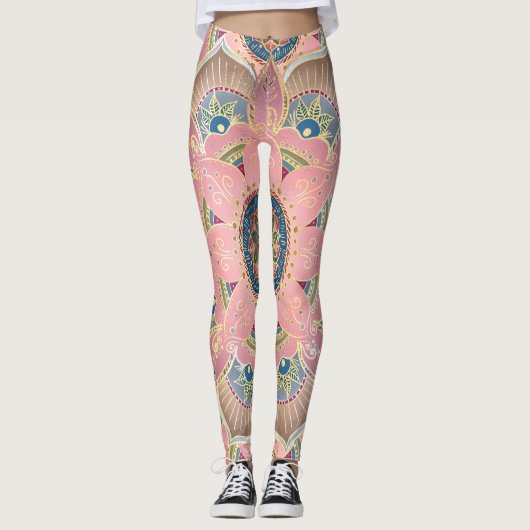 Trendy Metallic Gold en roze Mandala Design Leggings (Voorkant)