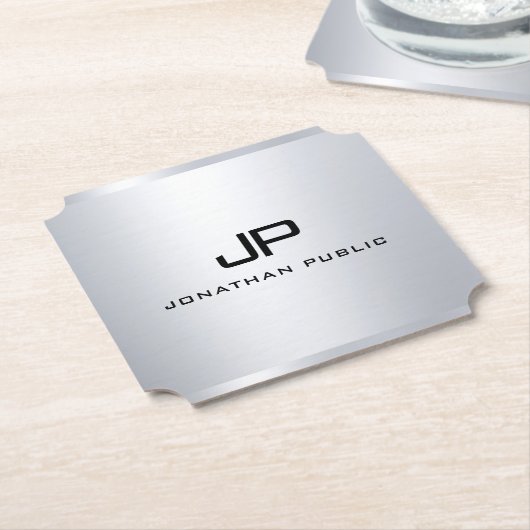 Trendy Metallic look Faux Silver Monogram Sjabloon Kartonnen Onderzetters (Gekanteld)